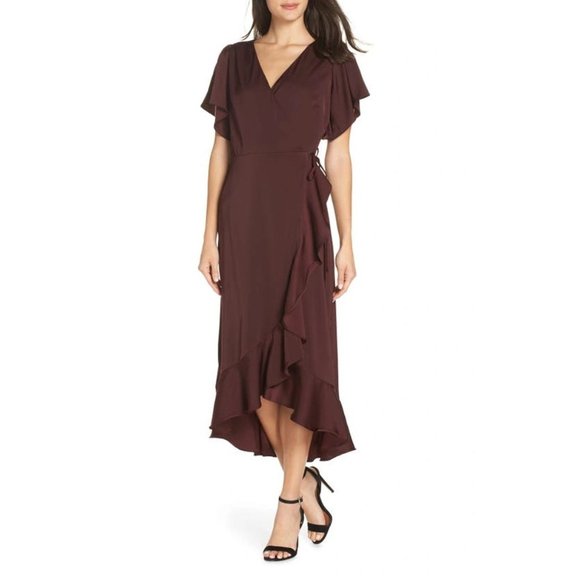 CHELSEA28 Midi Ruffle Wrap Dress in Burgundy - NWT - Size XS - Picture 1 of 2